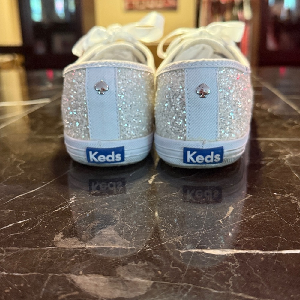 Size 8.5 Keds for Kate Spade white glitter sneakers with satin laces - Picture 3 of 9